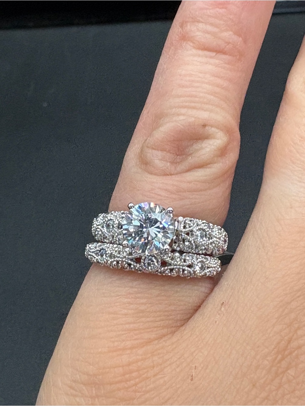 Classic Round-Cut White Gold Solitaire and Pave Wedding Ring Set - White